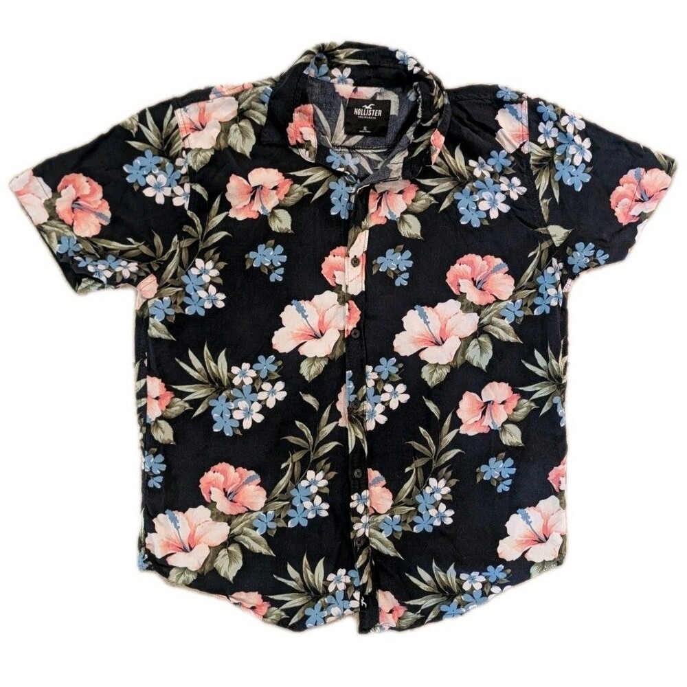 Hollister California Floral Hawaiian Shirt Mens XL Navy Hibiscus Short Sleeve